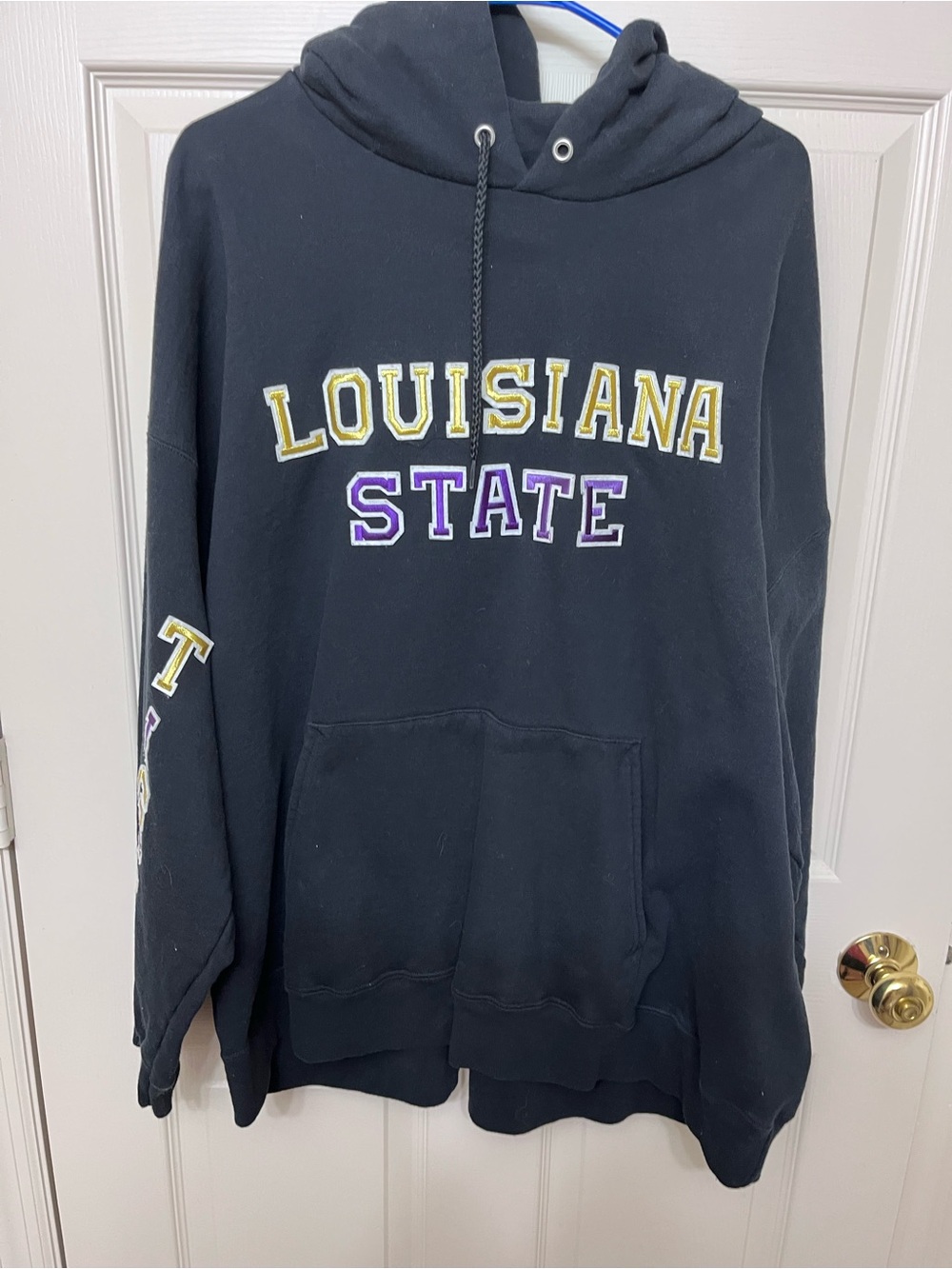 Hanes Black Louisiana State Pullover Hoodie with Yellow and Purple Lettering